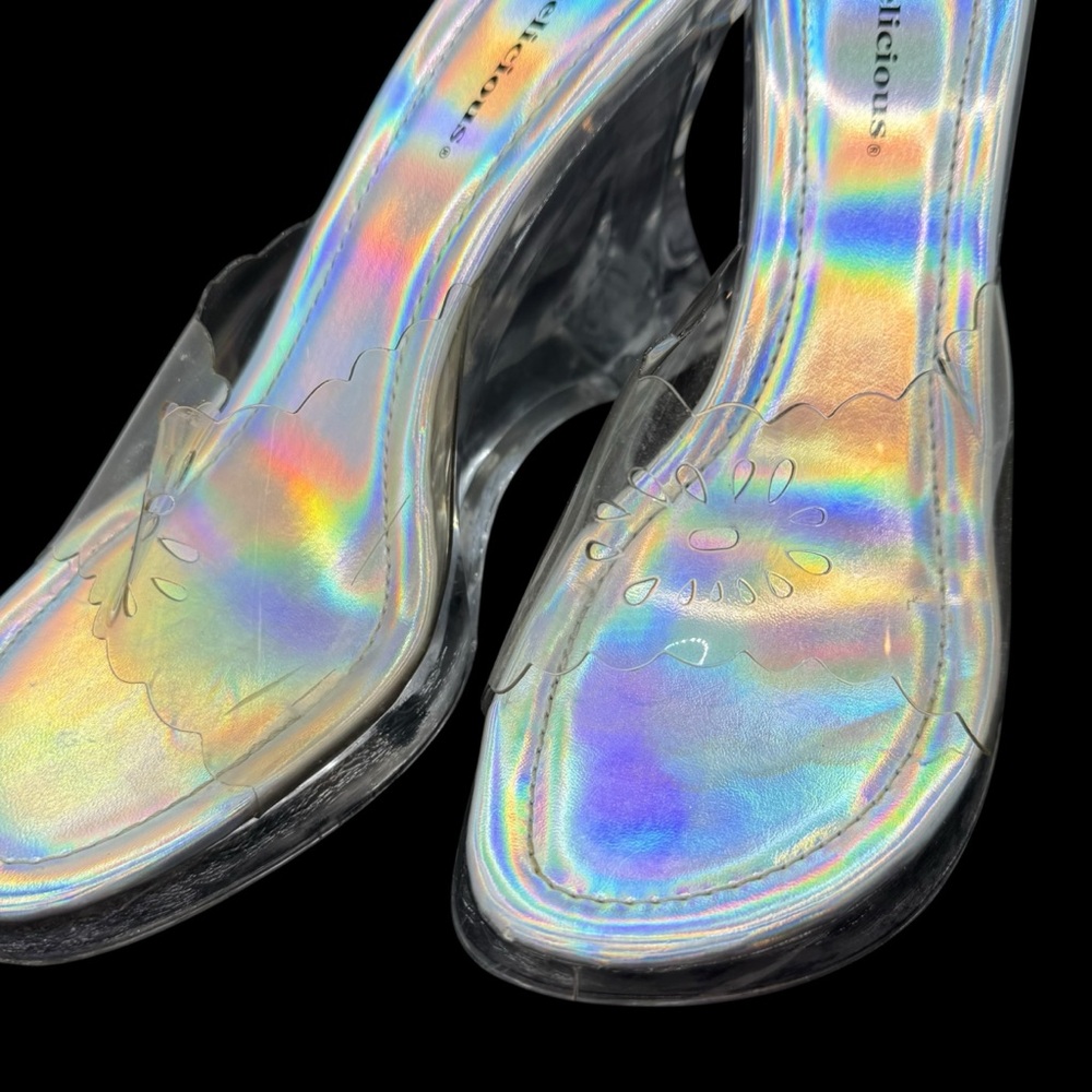 Sz 8.5 90s/Y2K Clear Chunky Acrylic 4” Block Heels Holographic Open Toe Vintage - Picture 6 of 13